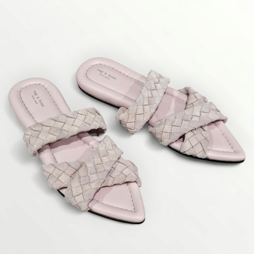RAG & BONE Lewis Woven Suede Light Pink Pointed Open Toe Flat Sandals 37.5/7.5
